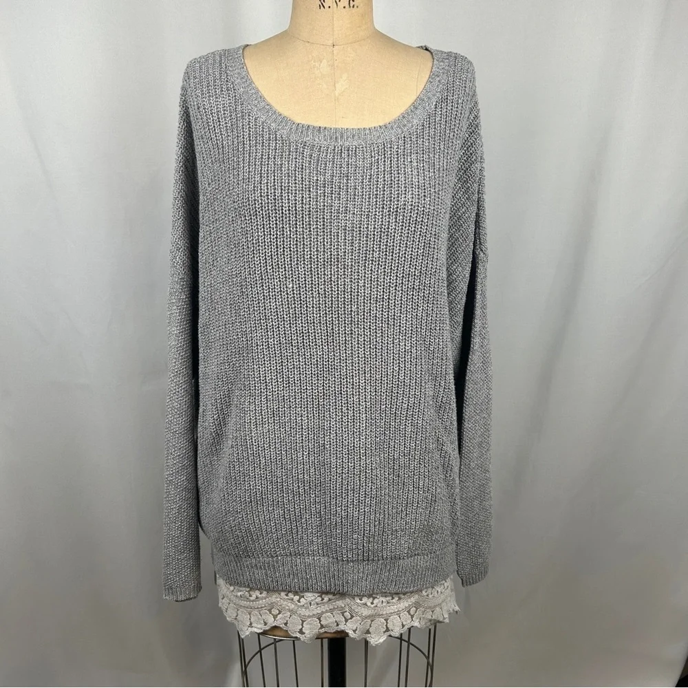 Anthro Pins & Needles Gray Long Sleeve Knit Sweater Dress White Lace Trim Large